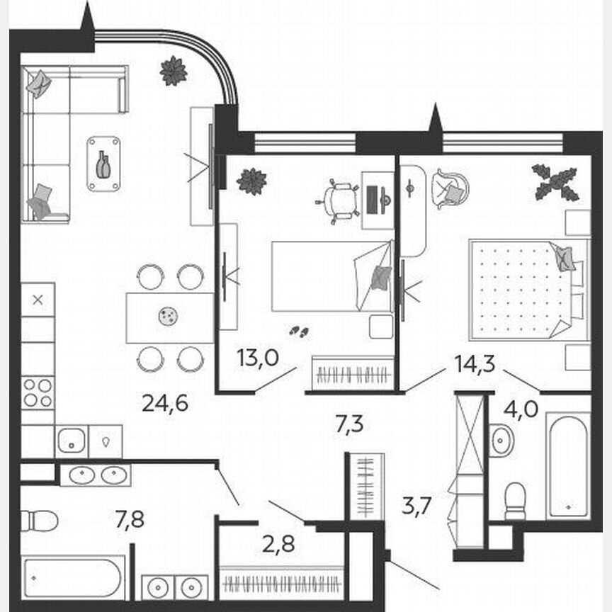 2-к. квартира, 77,5 м², 2/17 эт.
