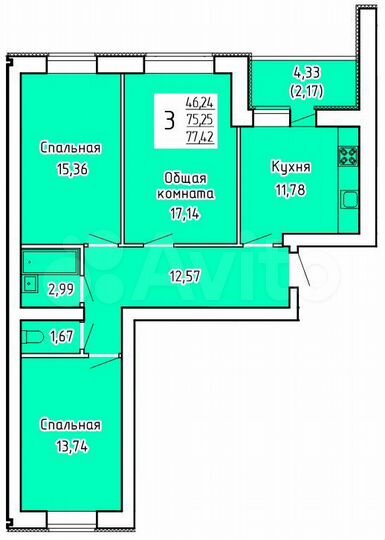 3-к. квартира, 77,4 м², 3/9 эт.