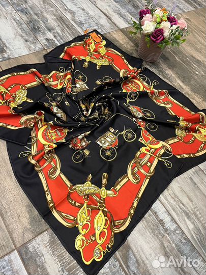 Шелковый платок бандана Hermes черный с красным