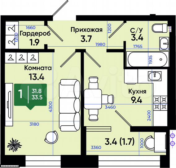 1-к. квартира, 33,5 м², 2/3 эт.