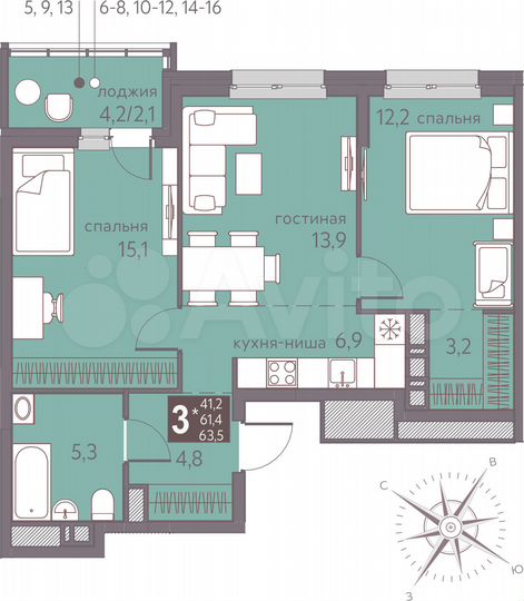 3-к. квартира, 63,5 м², 15/16 эт.