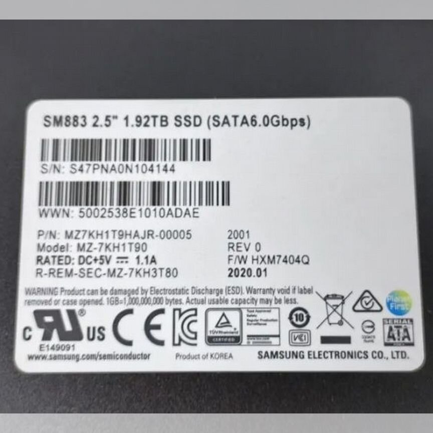 [MZ7KH1T9HAJR] 1.92тб Ssd Samsung Sm883 2.5 Sata 6g Mz7kh1t9hajr