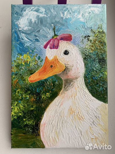 Картина маслом Утка с цветочком