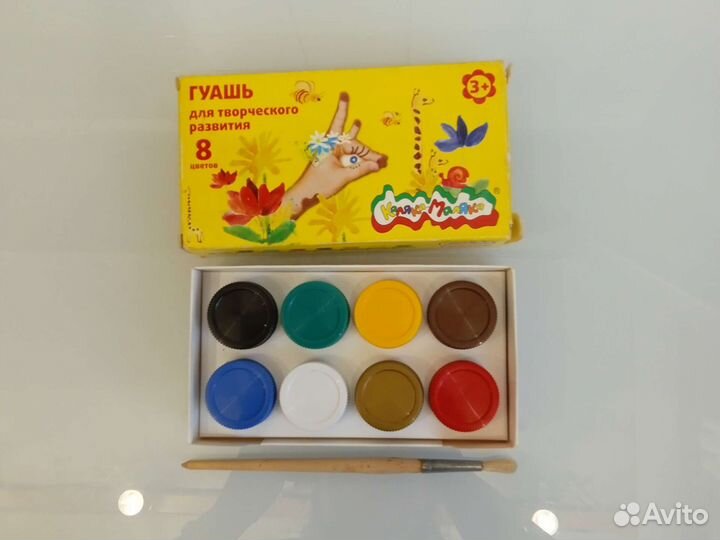 Краски гуашь 8 цветов и кисточка