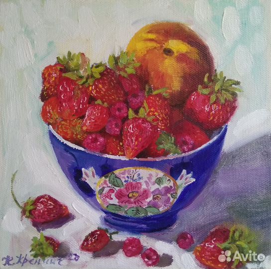 Картина ягоды клубника в чашке маслом 20*20 см