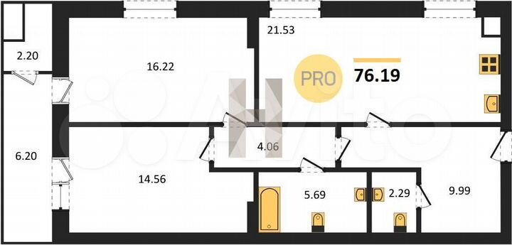 2-к. квартира, 76,2 м², 19/25 эт.