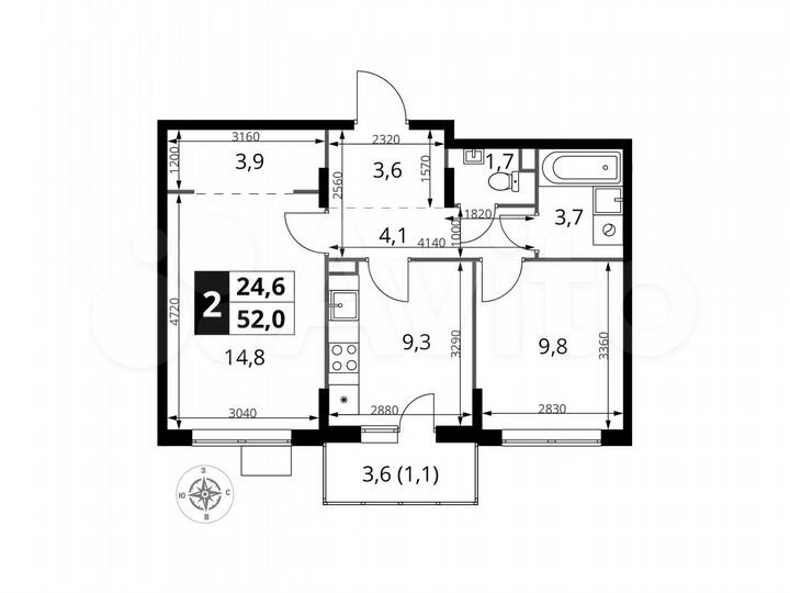 2-к. квартира, 52 м², 13/17 эт.