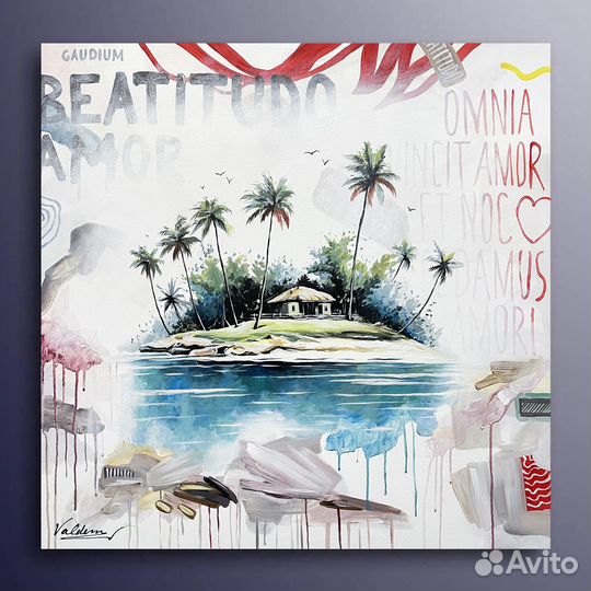 Современная картина, Остров, 80х80см, Пальмы, Море