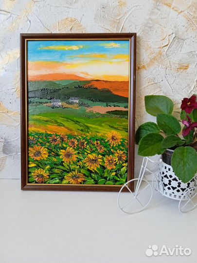 Картина маслом пейзаж Подсолнухи и закат. Мастихин