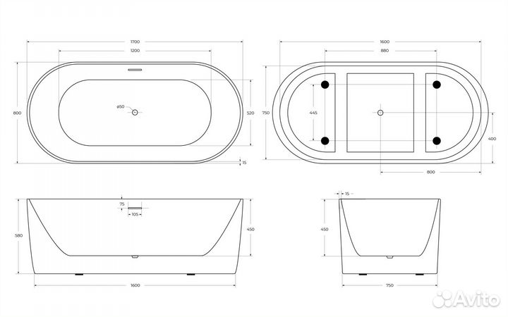 Ванна BelBagno BB411-1700-800-matt 170x80 см акрил