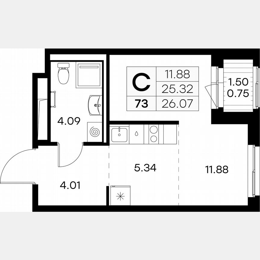 Квартира-студия, 26,1 м², 6/12 эт.