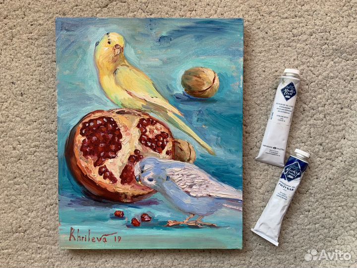 Картина птицы Попугаи с гранатом маслом 30х24