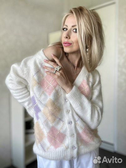 Кардиган из ангоры аргайл ручная работа