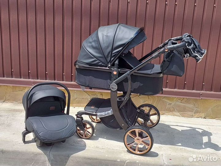 Коляска 3в1 Кожа black твёрдый блок (Новинка)