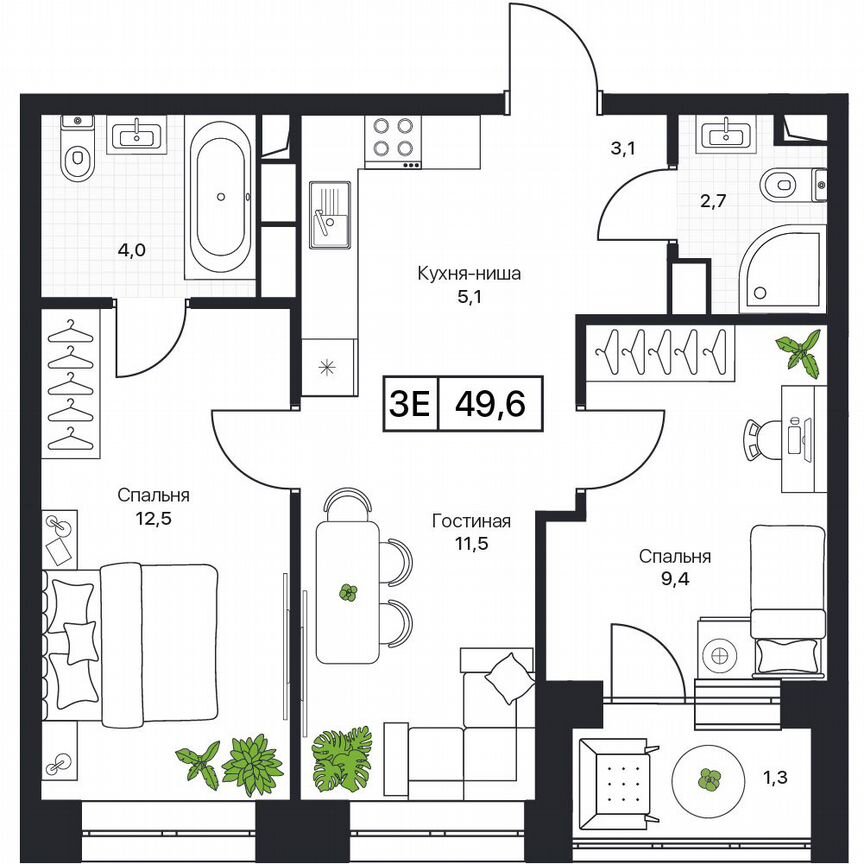 3-к. квартира, 49,6 м², 16/17 эт.