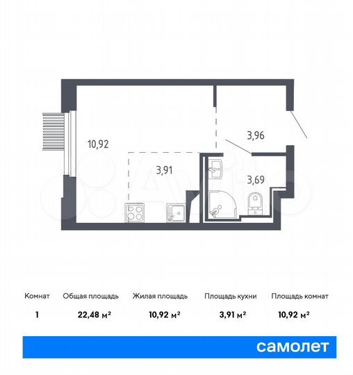 Квартира-студия, 22,5 м², 9/13 эт.