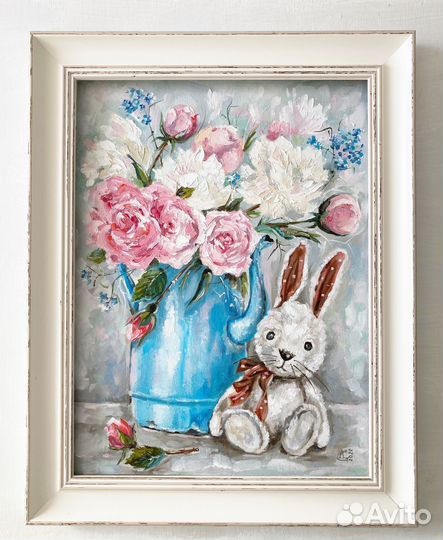 Картина маслом в детскую комнату розы и зайчик