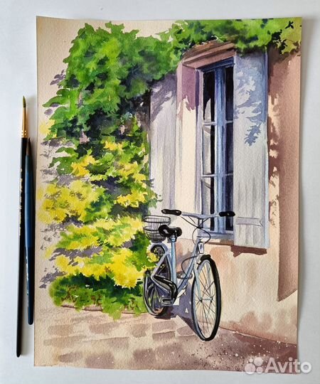 Картина пейзаж с велосипедом. Европейская улочка