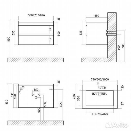 Тумба без раковины Art&Max family-580-2c-so-cv Се