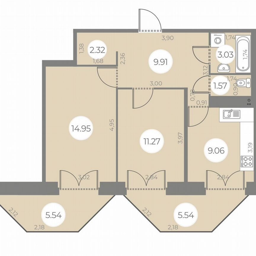 2-к. квартира, 55 м², 3/20 эт.