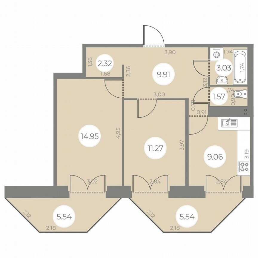 2-к. квартира, 55 м², 3/20 эт.