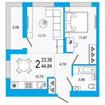 2-к. квартира, 44,8 м², 13/22 эт.