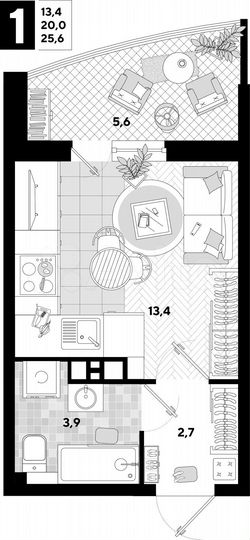 Квартира-студия, 25,6 м², 3/16 эт.