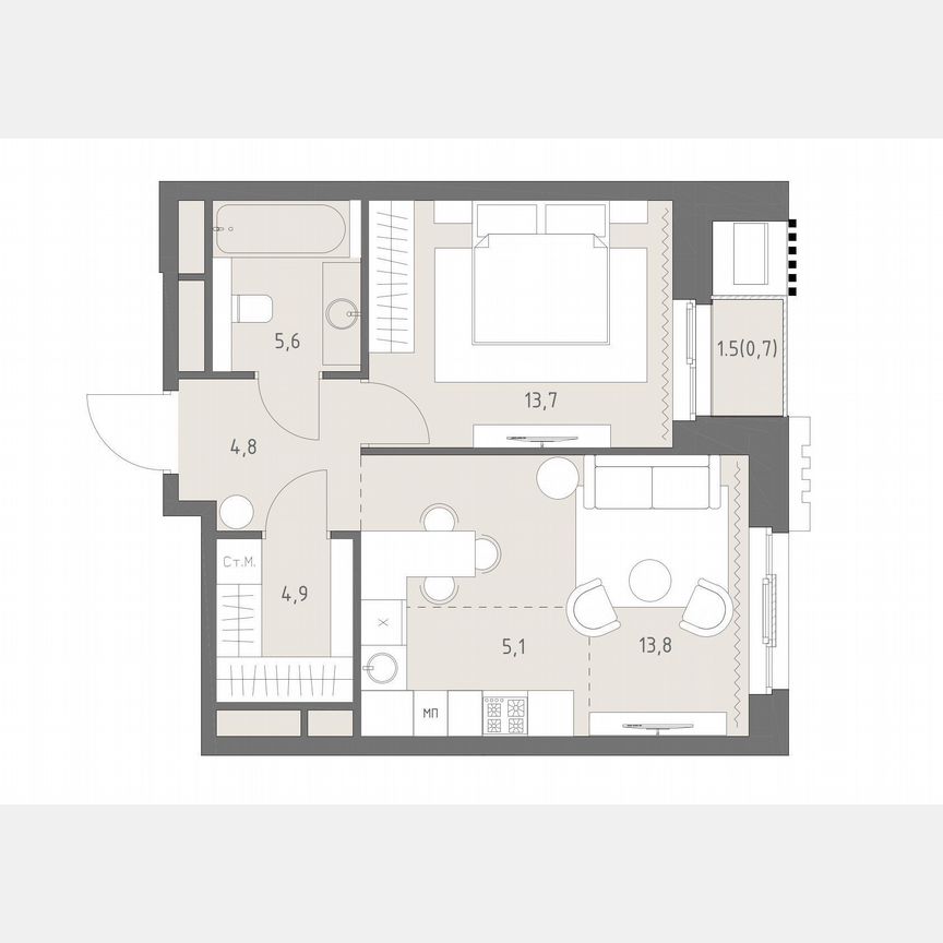 2-к. квартира, 48,6 м², 14/19 эт.