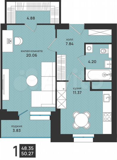 1-к. квартира, 50,3 м², 4/15 эт.