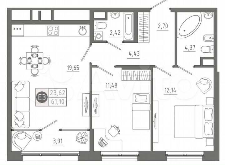 3-к. квартира, 61,1 м², 8/10 эт.