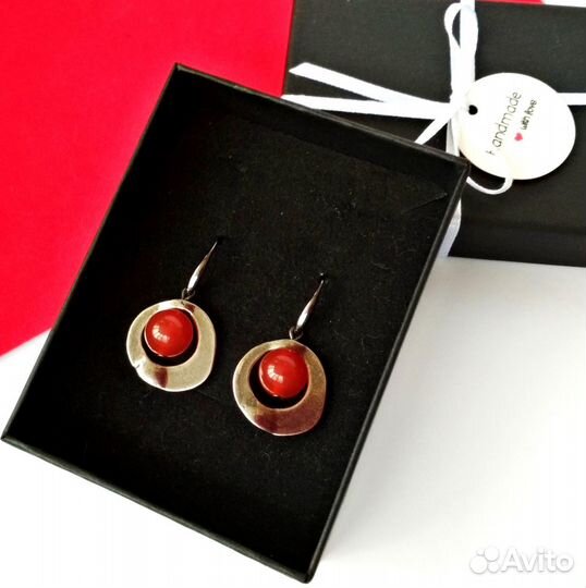 Серьги Красный Агат Бохо Черный металлик Этника