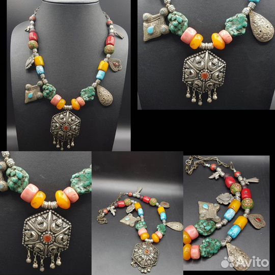 Бусы этнические с подвеской из серебра. Антик