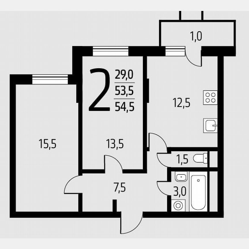 2-к. квартира, 54,5 м², 9/15 эт.