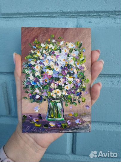 Картина маслом цветы в вазе натюрморт 10х15 см