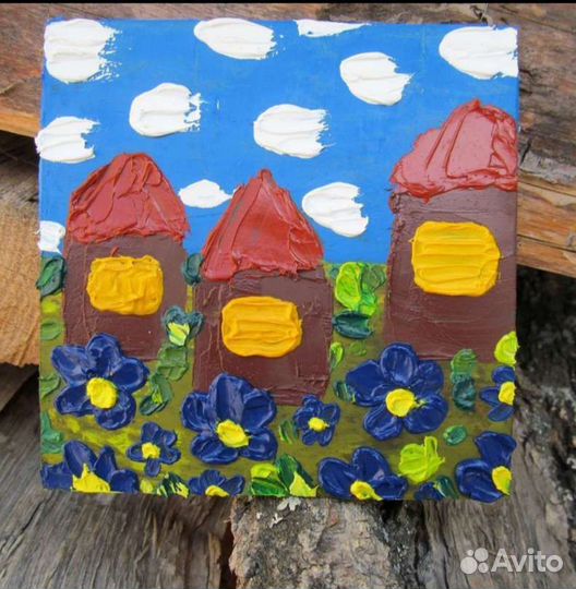 Картина маслом Деревенский пейзаж цветы и дома