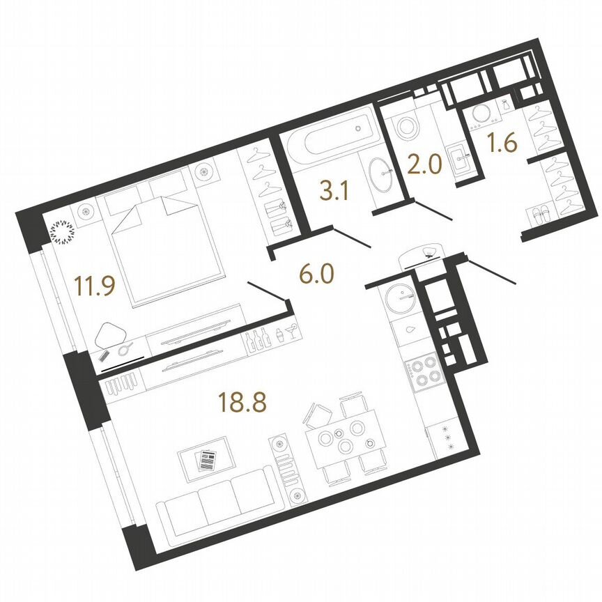 1-к. квартира, 43 м², 8/12 эт.