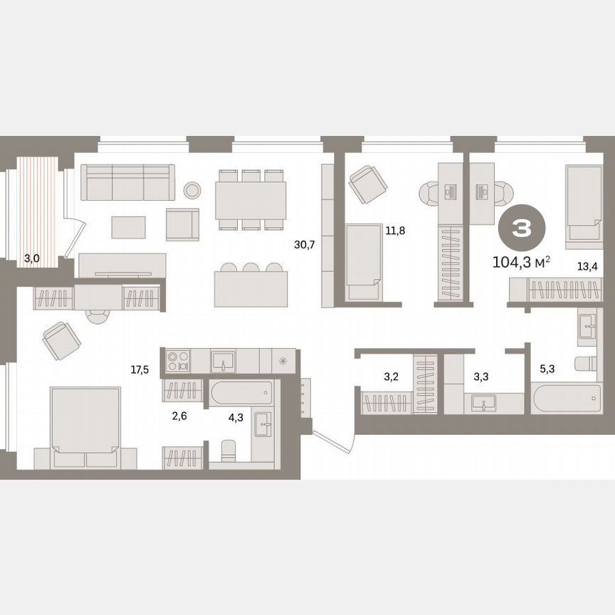 3-к. квартира, 104,2 м², 5/16 эт.