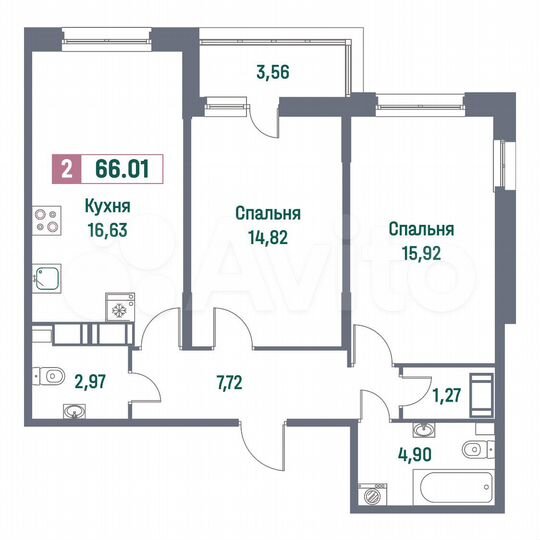 2-к. квартира, 66 м², 12/16 эт.