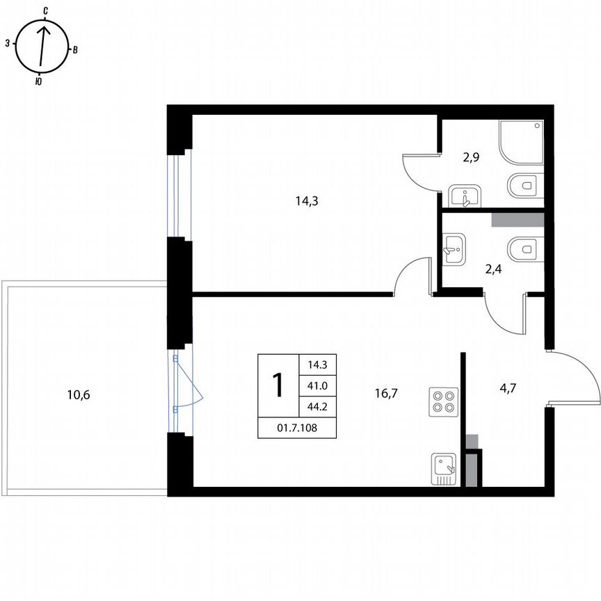 1-к. квартира, 44,2 м², 1/3 эт.