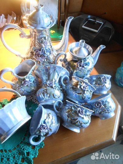 Чайно-Кофейный Сервиз. Голубой. Лепнина. Клеймо
