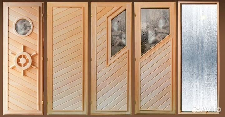 Двери стеклянные деревянные для бани
