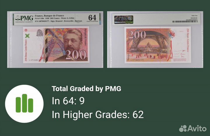 Франция 200 франков (1999) в слабе PMG 64