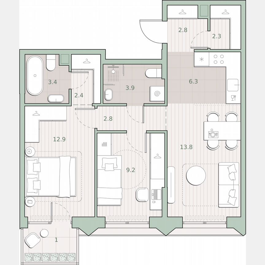 2-к. квартира, 60,8 м², 3/13 эт.