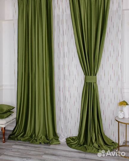 Шторы бархат Беллиссимо оливковый новые пошив