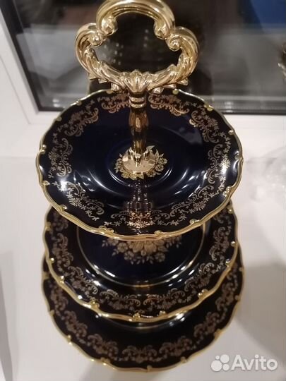 Ваза трехярусная Золотая роза кобальт Чехия