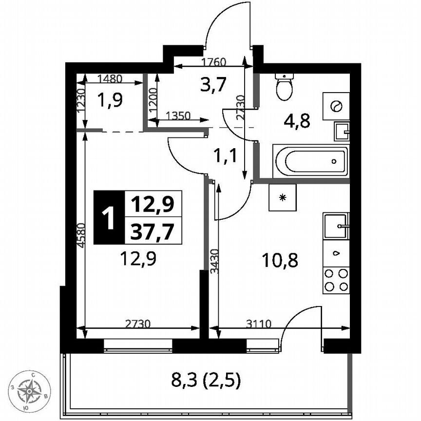 1-к. квартира, 37,7 м², 2/6 эт.