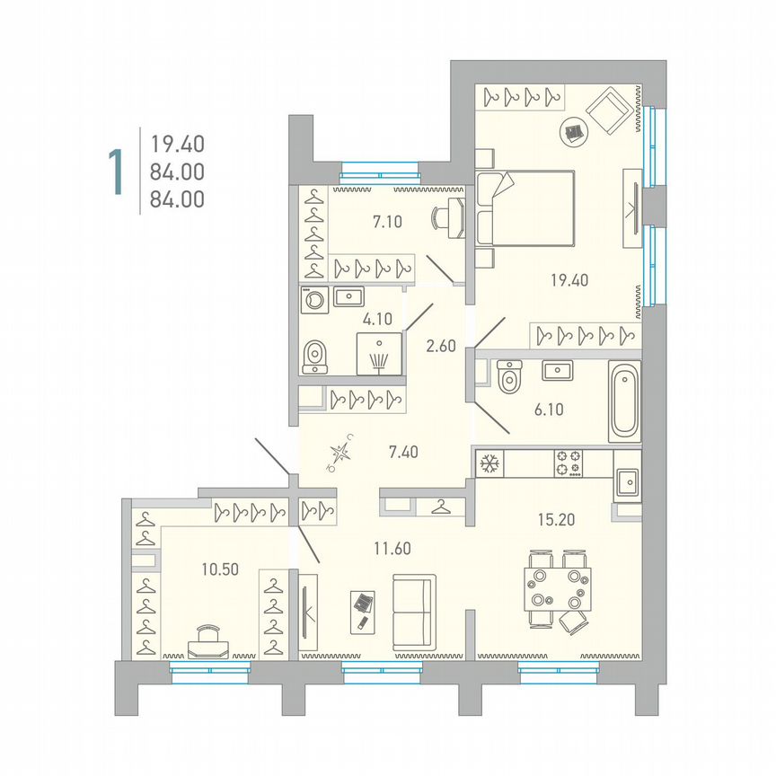 3-к. квартира, 84 м², 2/17 эт.