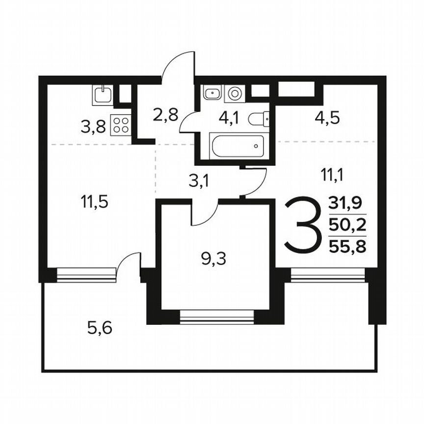 3-к. квартира, 55,8 м², 1/14 эт.