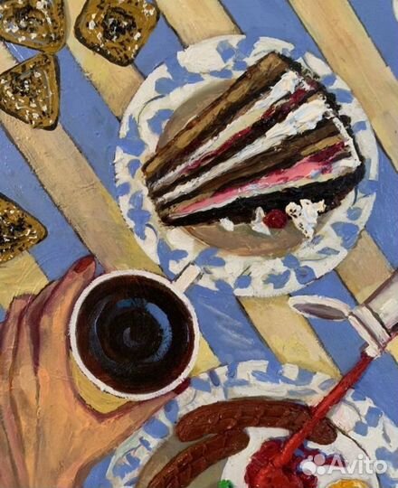 Картина маслом натюрморт завтрак яичница торт