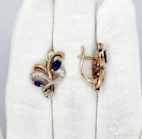 Золотые серьги 585 пробы с синими камнями